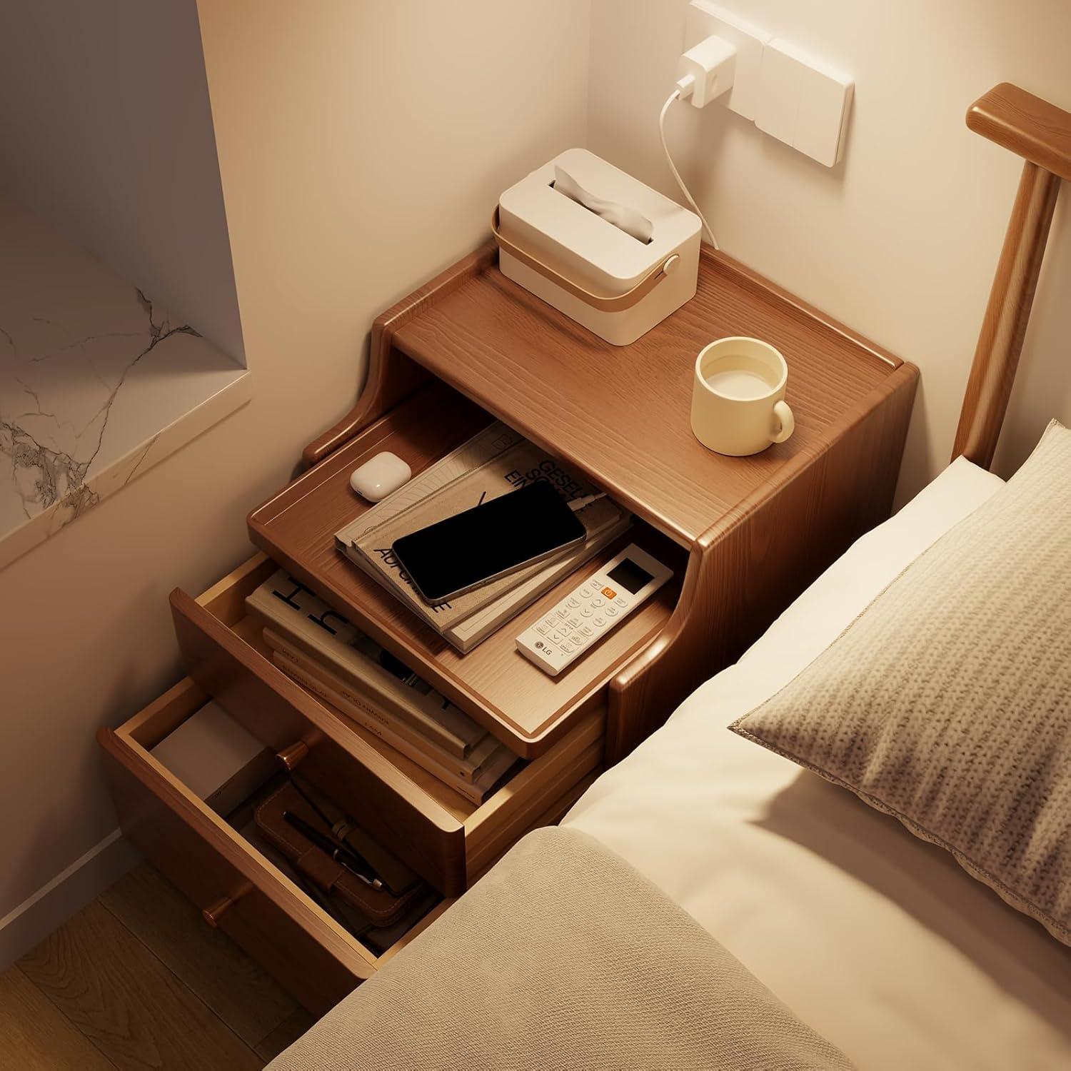 Walnut Solid Wood Nightstand with 2 Drawers and Brass Handles