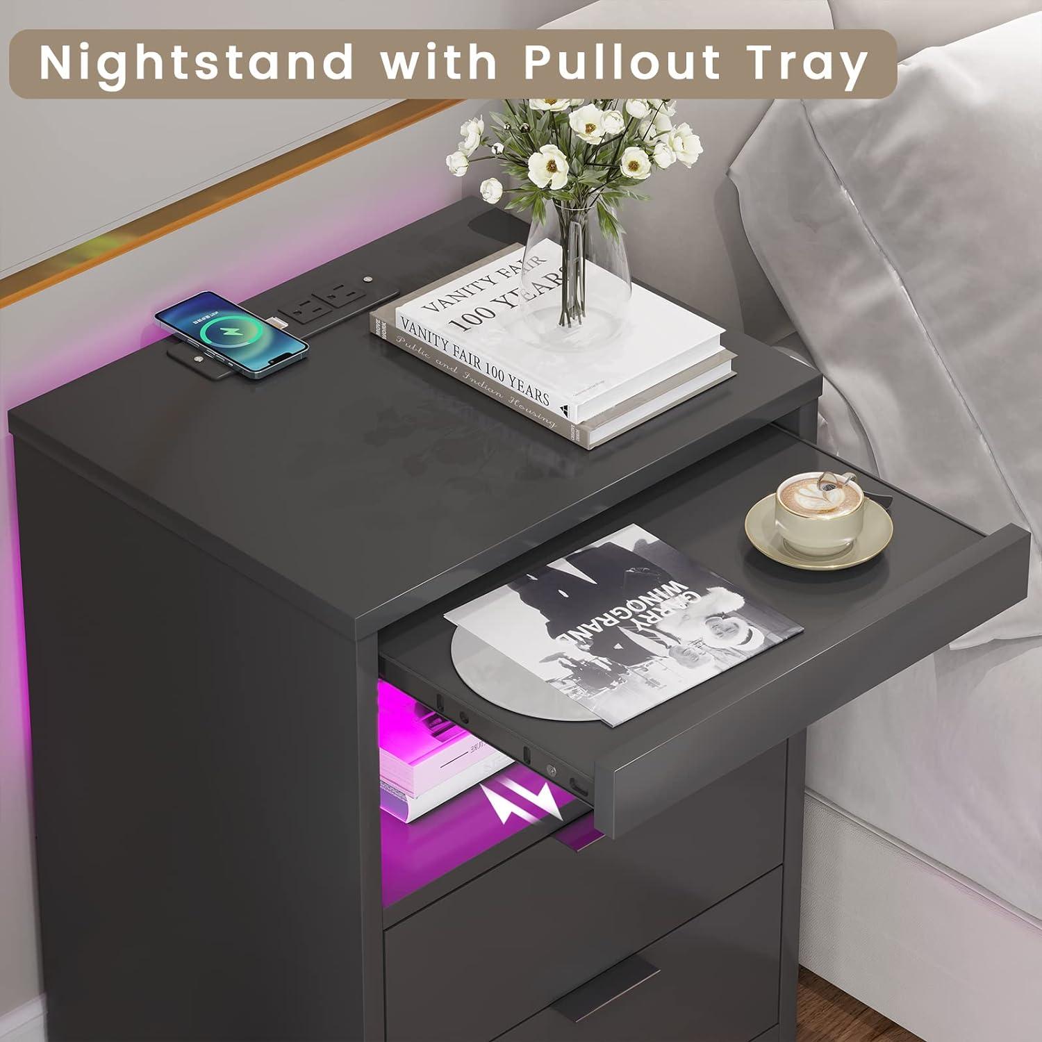 Exlonjet Black Nightstand with Wireless Charging Station and LED Lights, Bedside Table with 2 Drawers, Open Storage, 1 Pull-Out Tray, End Side Table with Charging Station, LED Night Stand with Storage