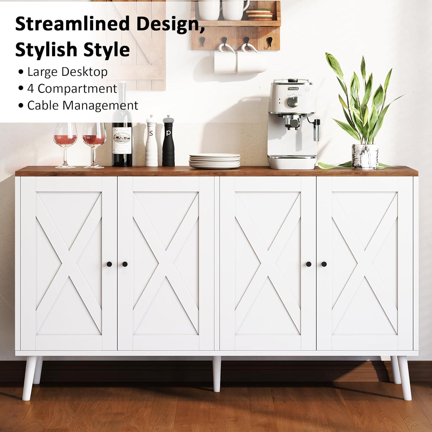 55'' Sideboard Buffet Cabinet with Storage, Farmhouse Kitchen Storage Cabinet with 4 Doors, Large Wood Coffee Bar Cabinet with Adjustable Shelfs for Kitchen, Living Room, White Brown