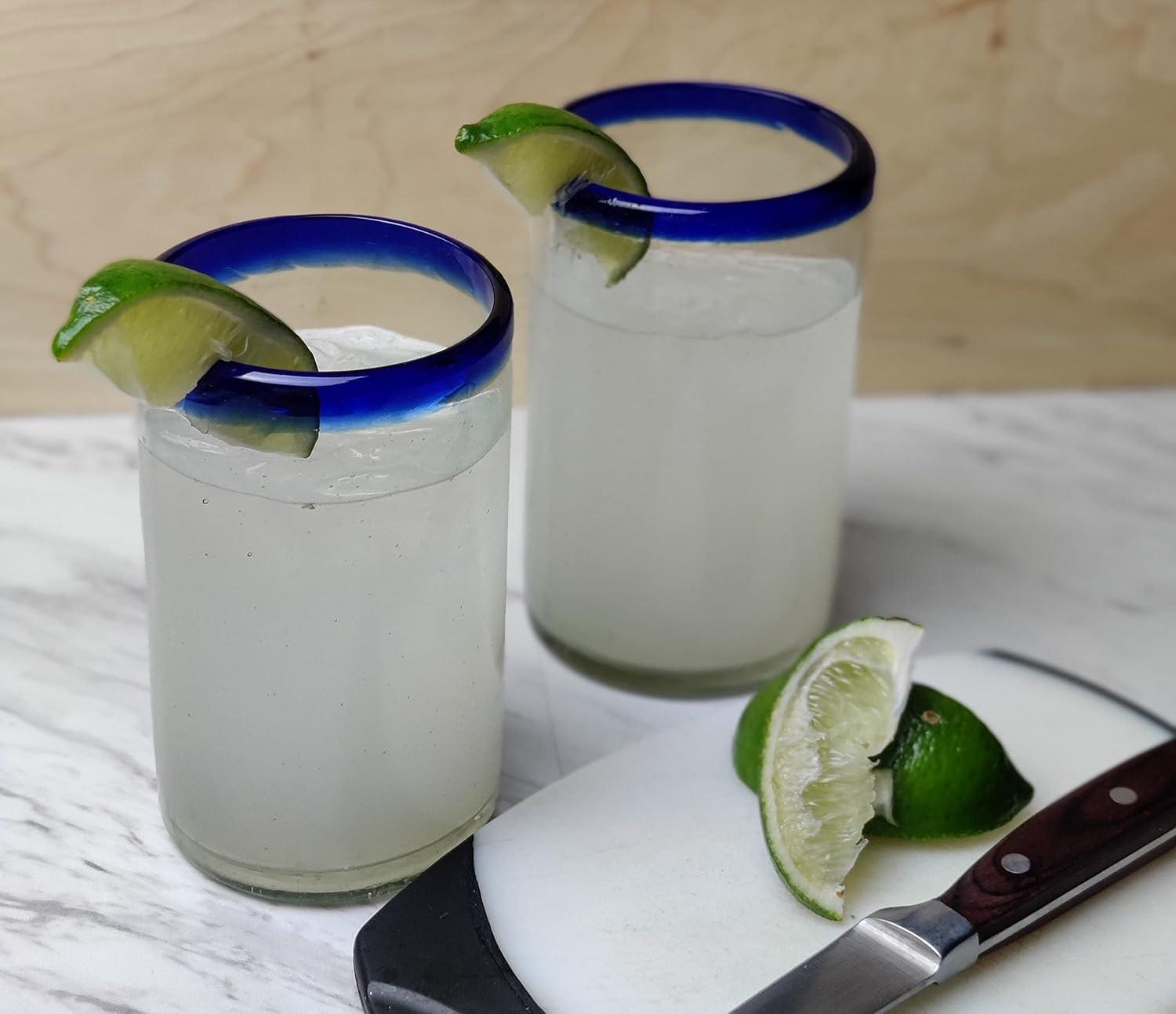 Toshiro Hand Blown Mexican 14 oz. Drinking Glass - Blue Rim Design