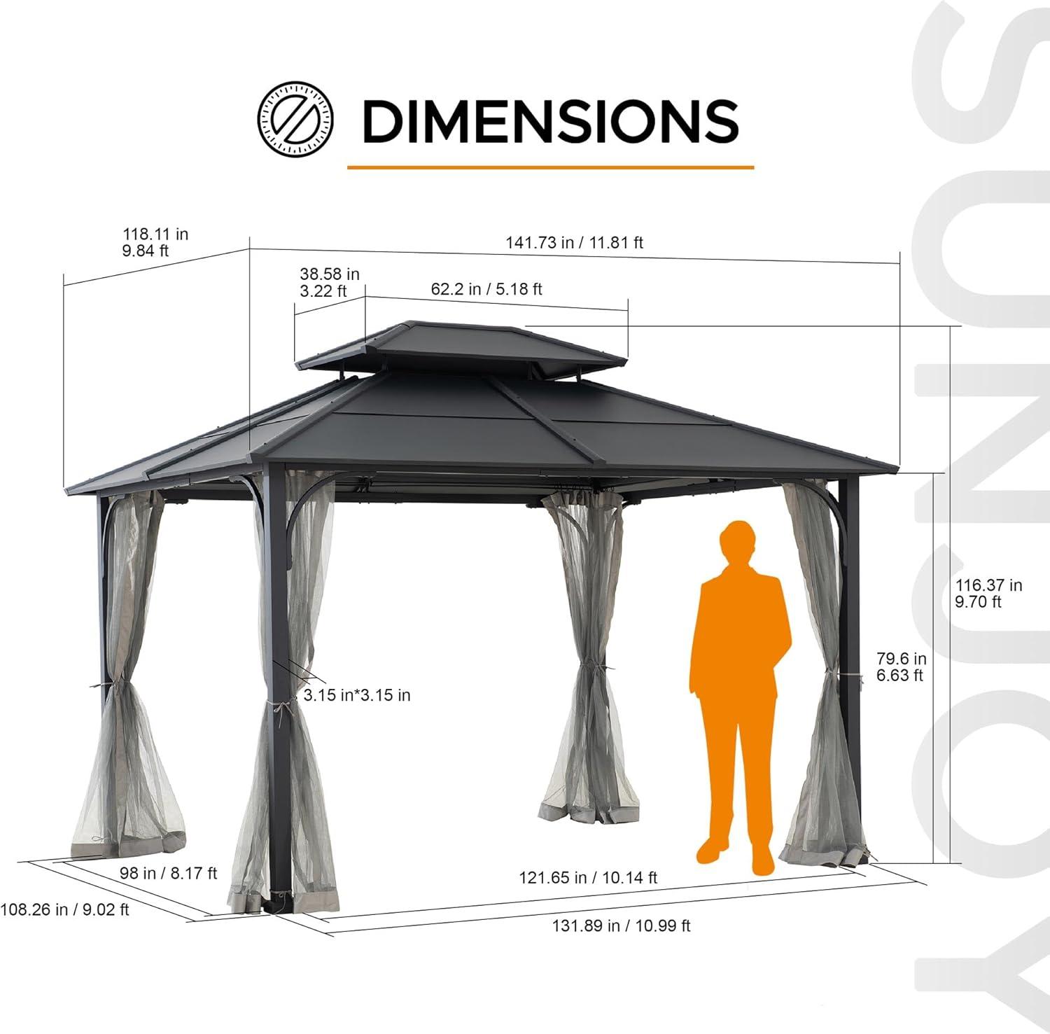 Sunjoy Sunjoy Hardtop Gazebo 10 x 12 ft. Outdoor Gazebo, Heavy Duty Steel Frame Gazebo, Double Roof Metal Gazebo with Ceiling Hook and Removable Netting Sidewalls