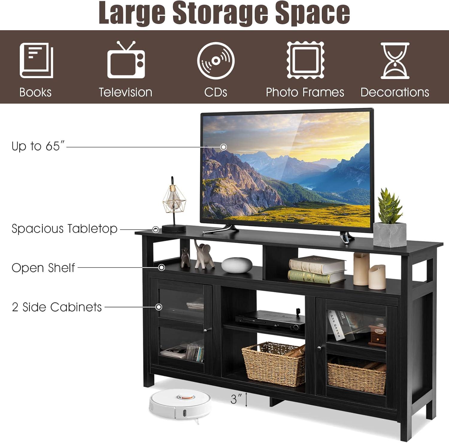Tangkula Farmhouse TV Stand for TVs up to 65" Flat Screen, Wooden TV Console Table w/2 Cabinets & 4 Shelves, Home Living Room Furniture, Entertainment Center for 18" Electric Fireplace (Not Included)