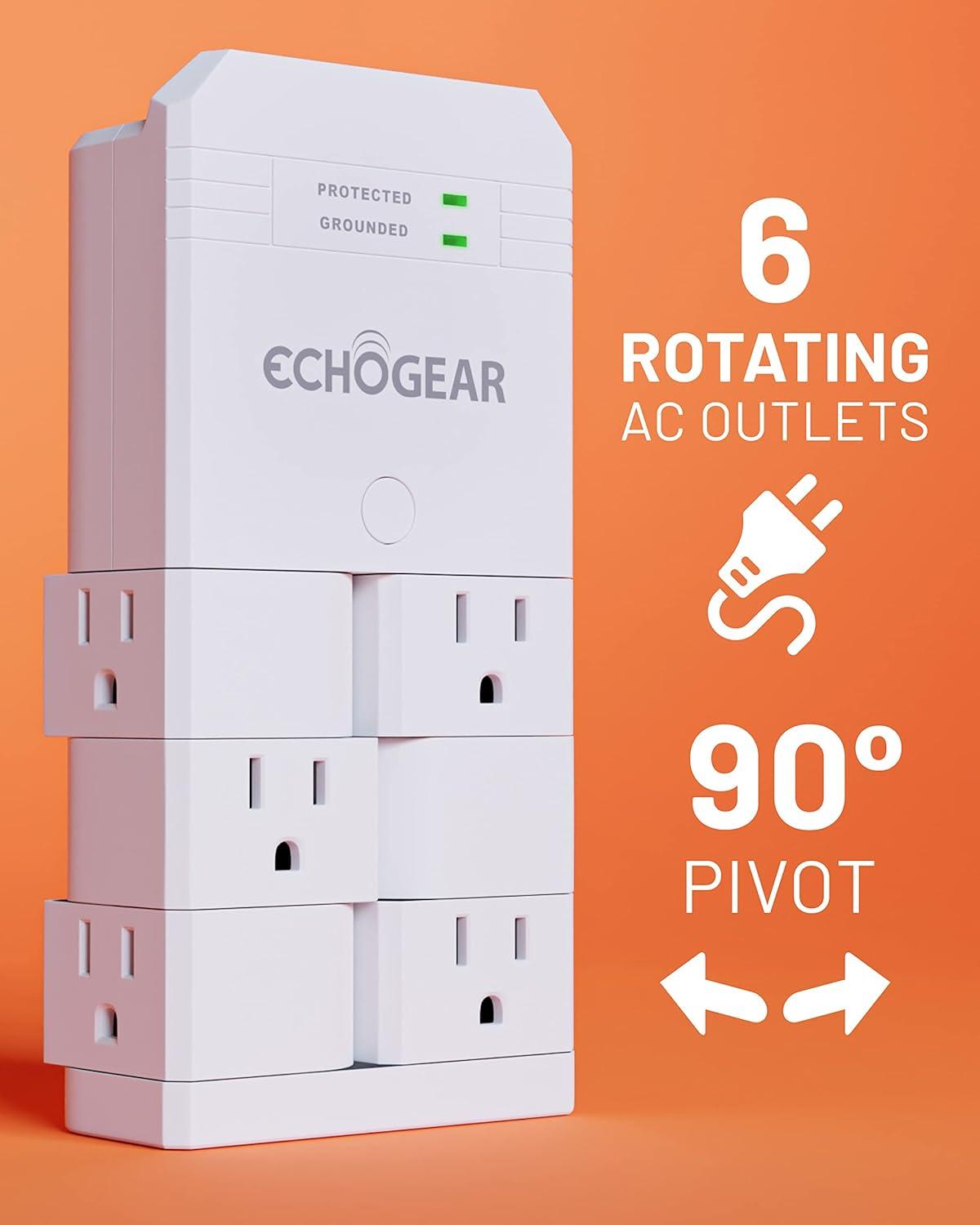 ECHOGEAR On Wall Surge Protector Outlet, Multiplug Wall Outlet with 6 Pivoting AC Outlets, White