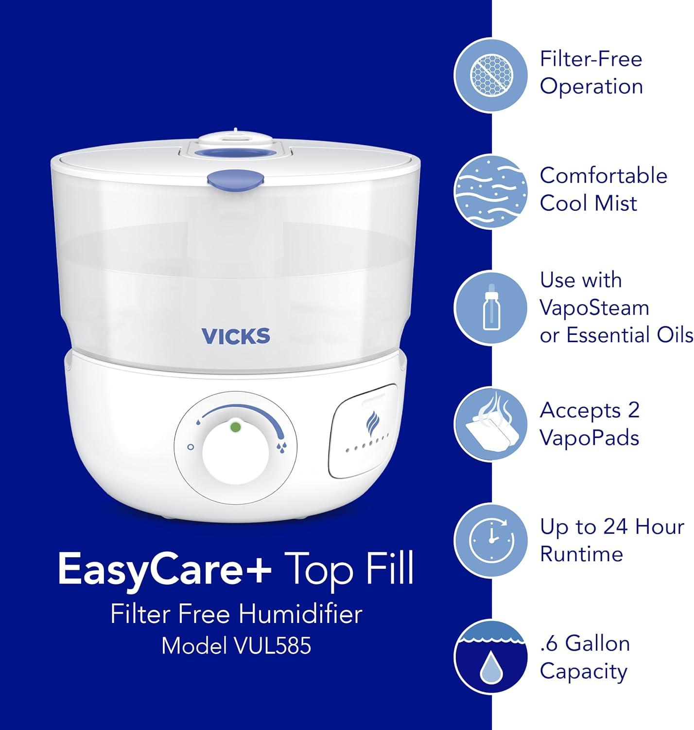 Vicks EasyCare + Top Fill Ultrasonic Cool Mist Humidifier, 400 sq ft, White, VUL585