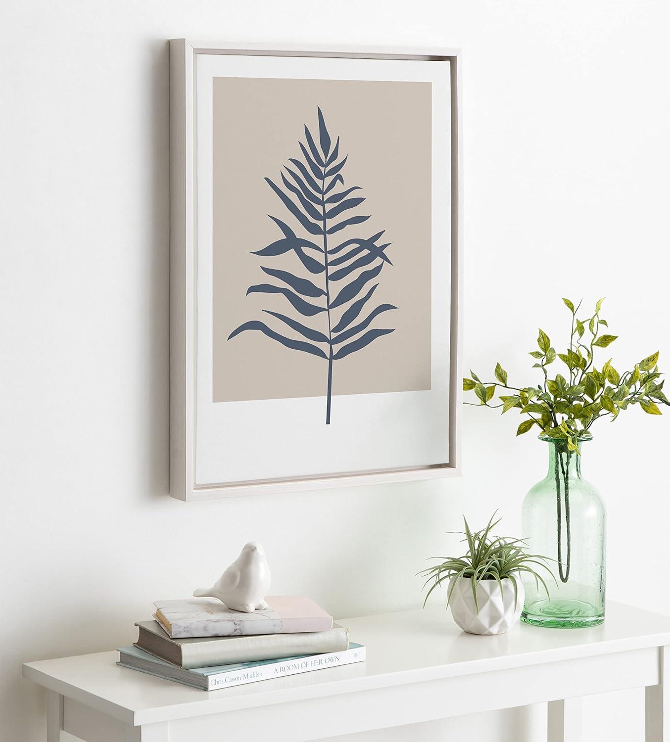 Kate and Laurel Sylvie Muted Tan and Blue Colorblock Botanical Fern Framed Canvas Wall Art by The Creative Bunch Studio, 18x24 White, Decorative Simple Plant Art for Wall
