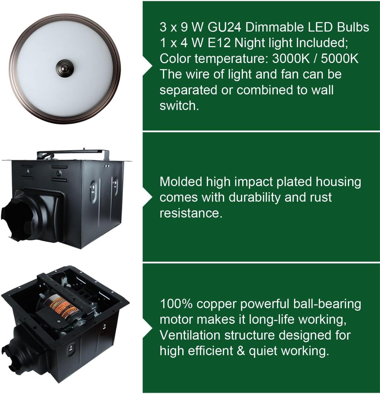 Exhaust Fan, Ultra Quiet 110 CFM 1.5 Sones Ventilation Exhaust Bathroom Fan with Light and Nightlight, 3 Years Warranty Oil Rubbed Bronze