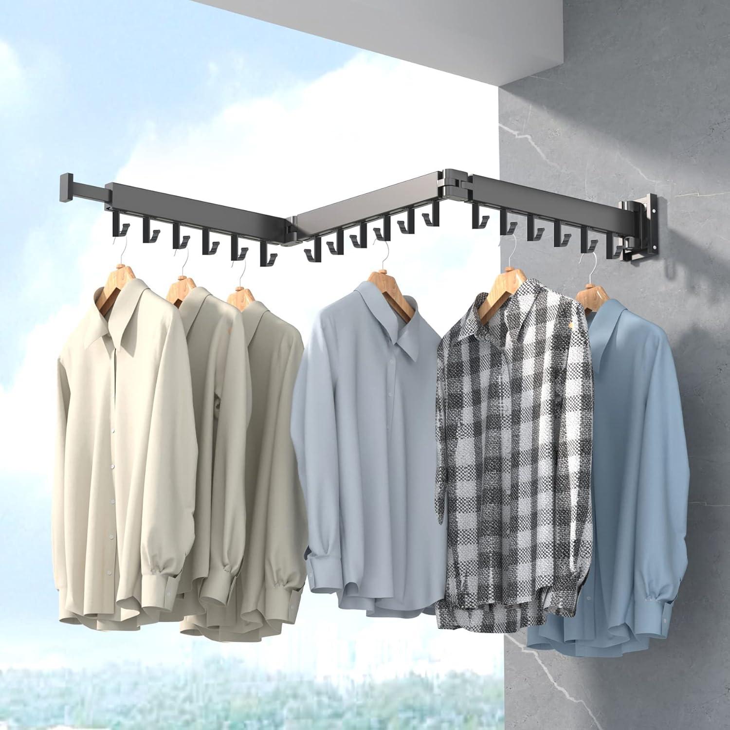 Wall Mounted Laundry Rack, Space Saver,Retractable,Collapsible(Tri-Fold), for Bathroom, Ring Type Hooks,Black Color