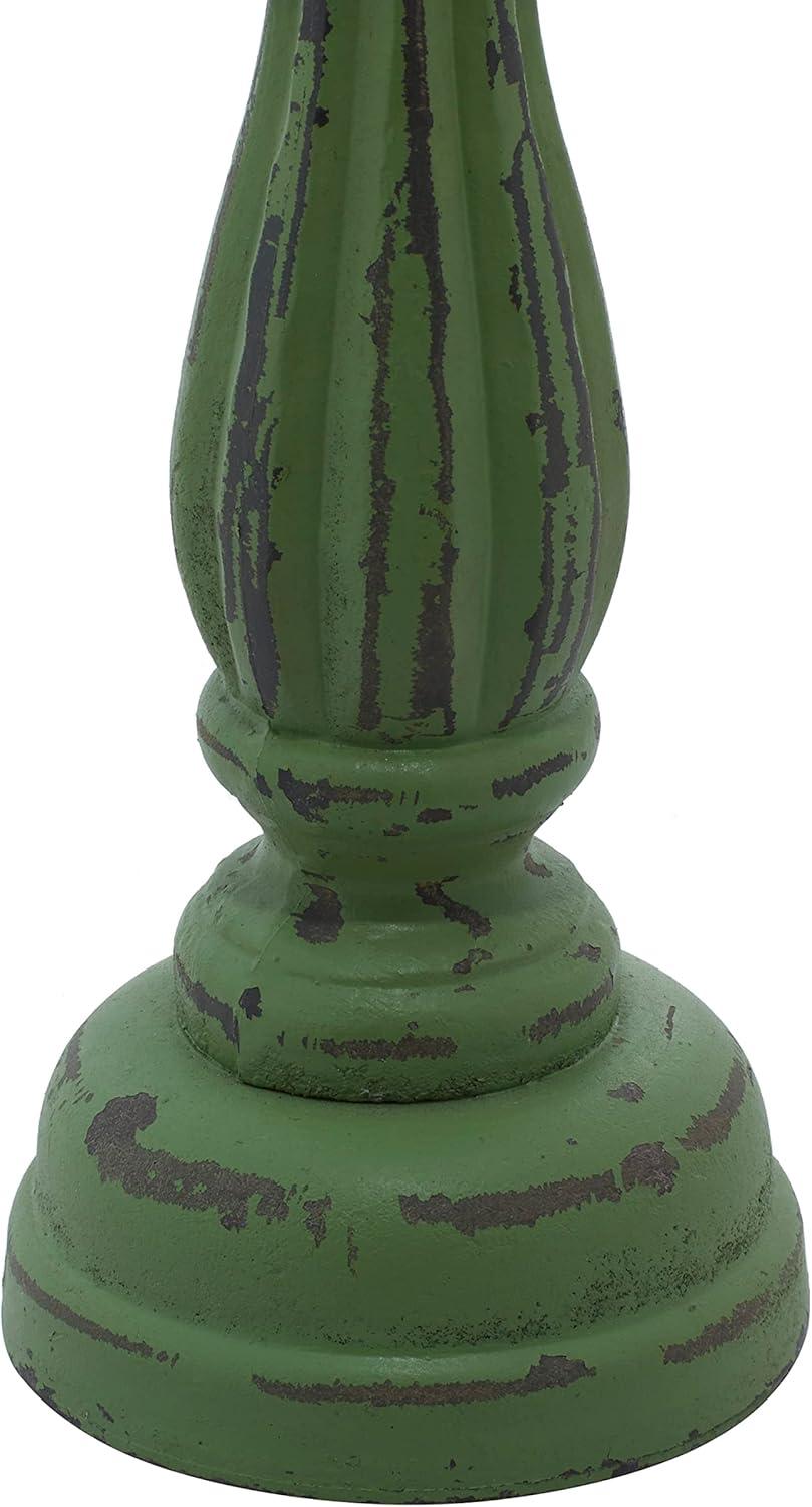 DecMode 3 Candle Green Wooden Distressed Turned Pillar Candle Holder, Set of 3