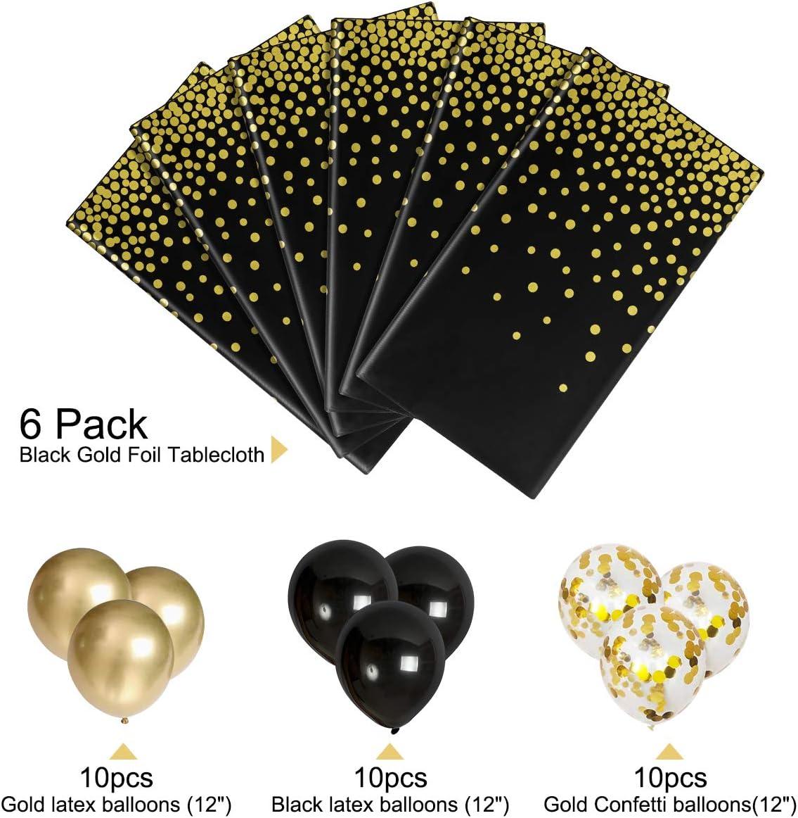 HOMIX Black and Gold Plastic Tablecloths for Rectangle Tables, 6 Pack Disposable Party Table Cloths, Gold Dot Table Covers with 30 Balloons for Birthday, Graduation, Cocktail Parties 54" x 108"