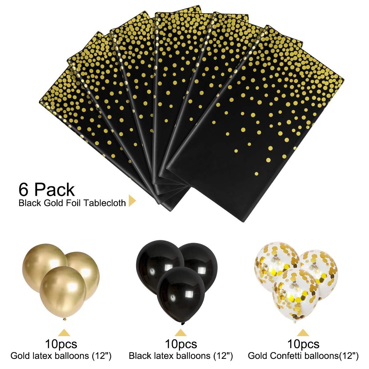 HOMIX Black and Gold Plastic Tablecloths for Rectangle Tables, 6 Pack Disposable Party Table Cloths, Gold Dot Table Covers with 30 Balloons for Birthday, Graduation, Cocktail Parties 54" x 108"