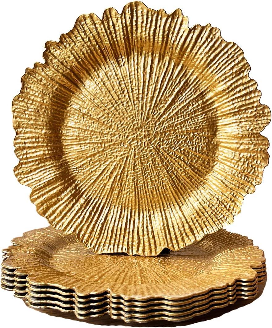 Gold Charger Plates Set - 13” Vintage Plastic Dinnerware Set - Reusable Elegant Serving Plates for Parties, Weddings and Events 6 Pack