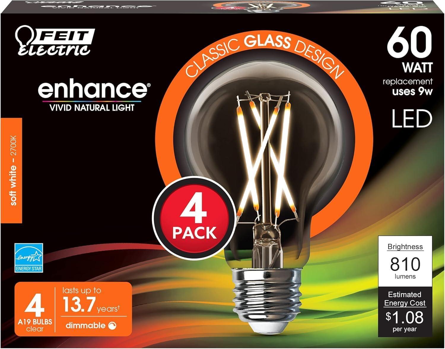 Feit Electric A19 E26 (Medium) Filament LED Bulb Soft White 60 Watt Equivalence 4 pk