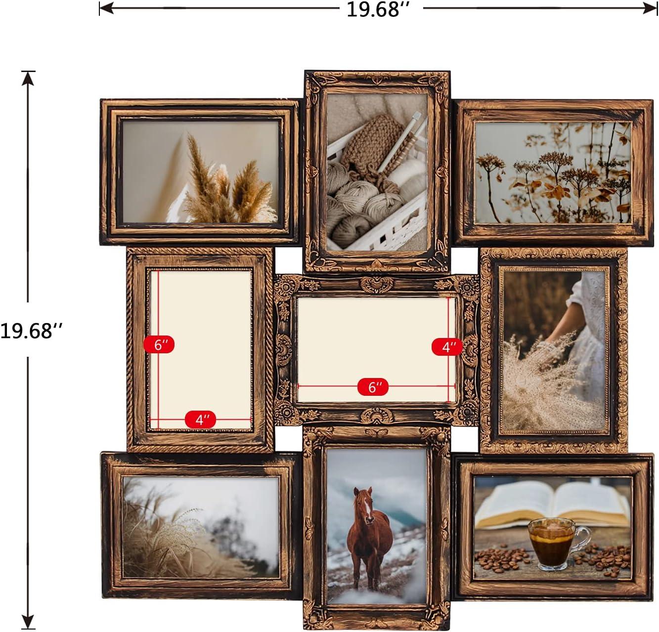 J.M.Deco Picture Frame Sets for Wall, 9 Opening Collage Frame, 6 x 4 With Family Friend's Memory, Rustic Distressed Photo Frame Wall Hanging for 4x6, Gold