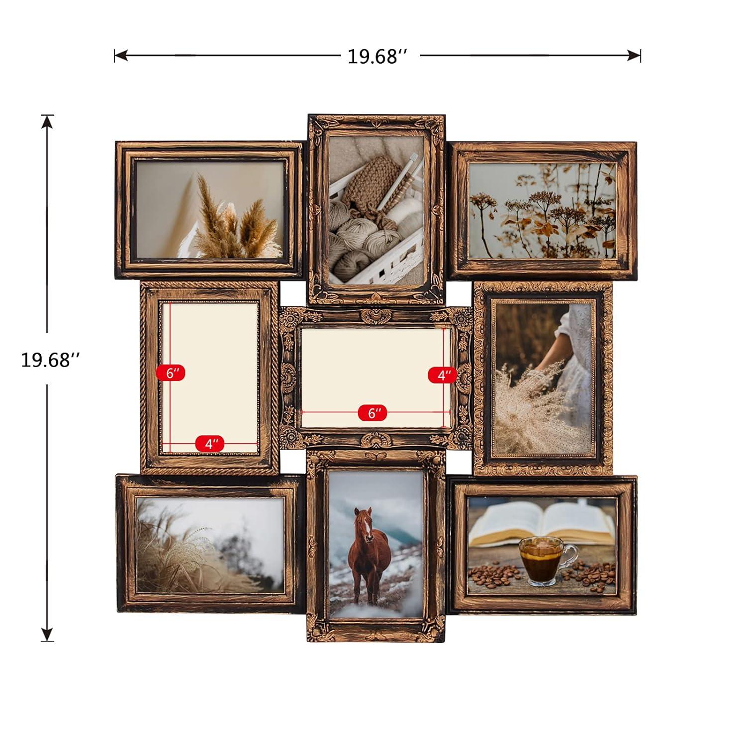 J.M.Deco Picture Frame Sets for Wall, 9 Opening Collage Frame, 6 x 4 With Family Friend's Memory, Rustic Distressed Photo Frame Wall Hanging for 4x6, Gold