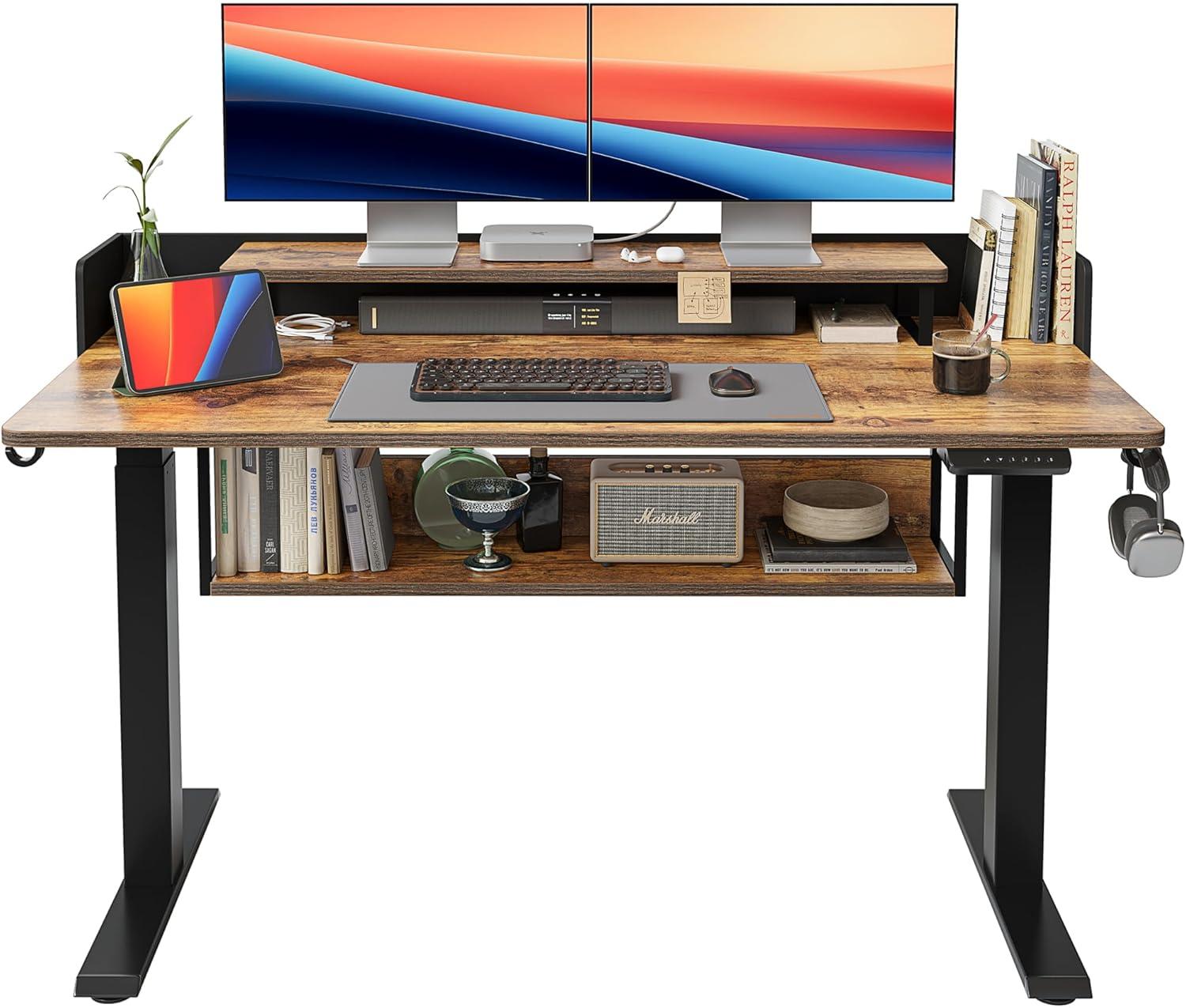 Rustic Brown Adjustable Height Standing Desk with Drawers and Shelf