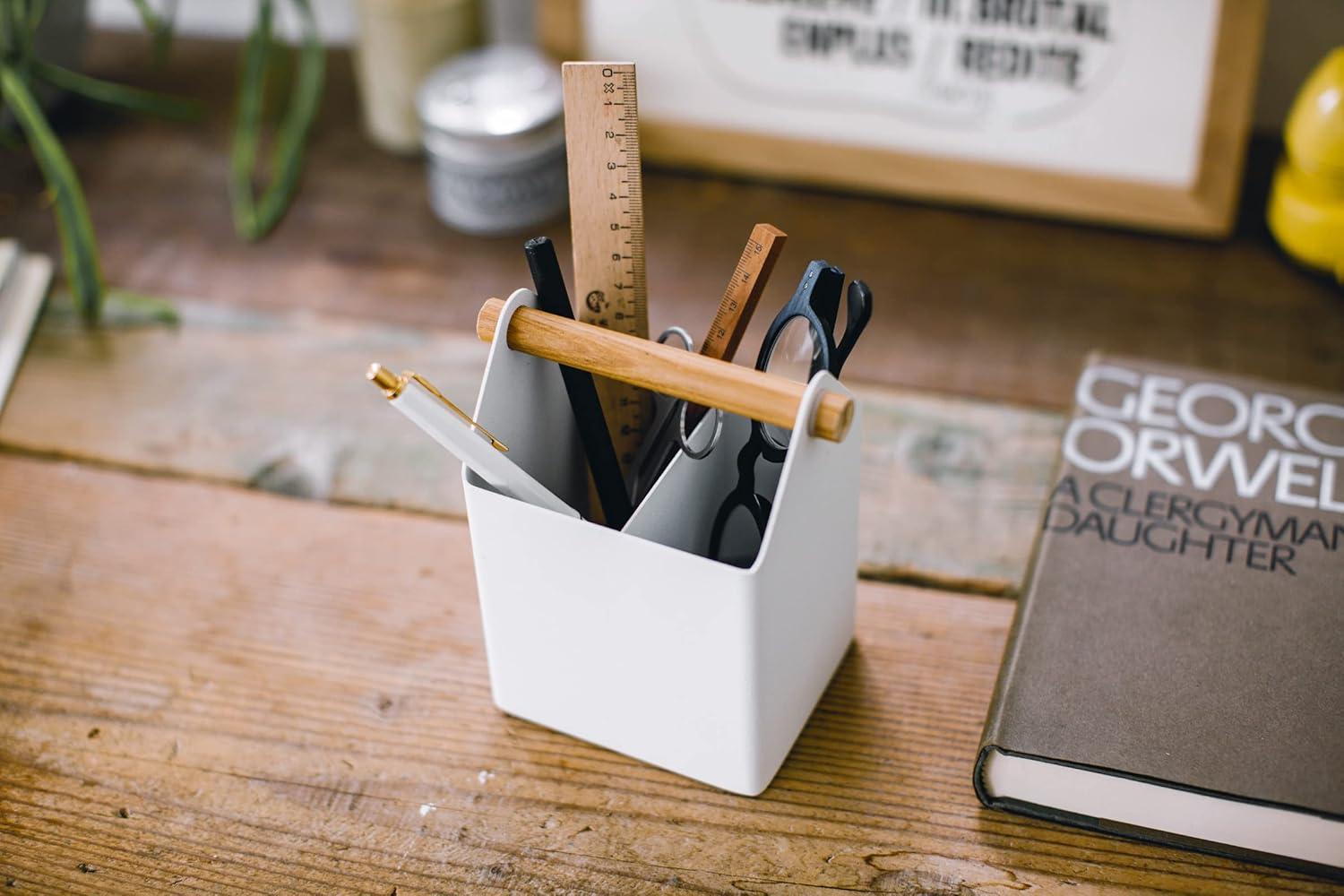 White Light Wood Scandinavian Pen Organizer with Wooden Accents