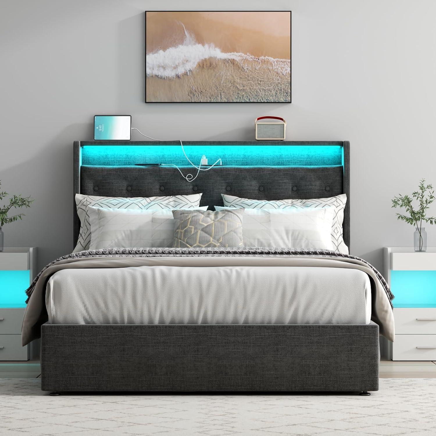 Dark Gray Full Upholstered Lift-Up Bed with LED and Charging Station