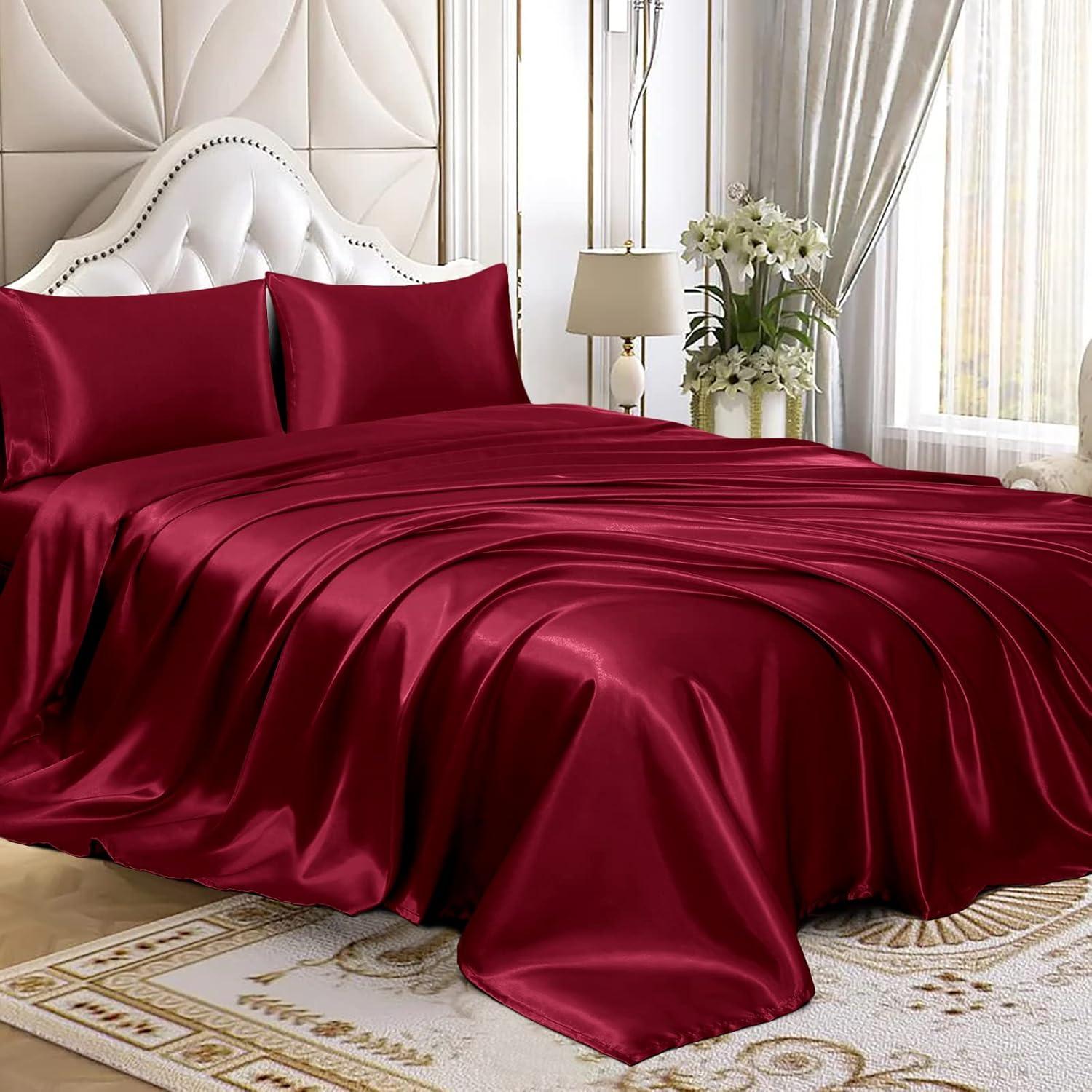 Cloud Fino Luxurious Satin Bed Sheets Burgundy Silk Sheets King 15 " Deep Pocket Pillowcases Sheet, 4-Piece