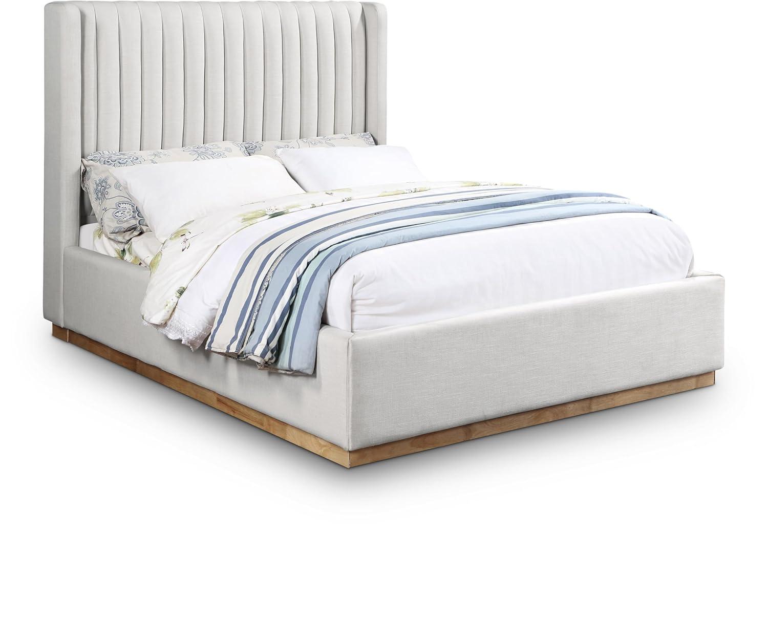 Meridian Furniture Queen Contemporary Linen Fabric Wingback Bed, Cream