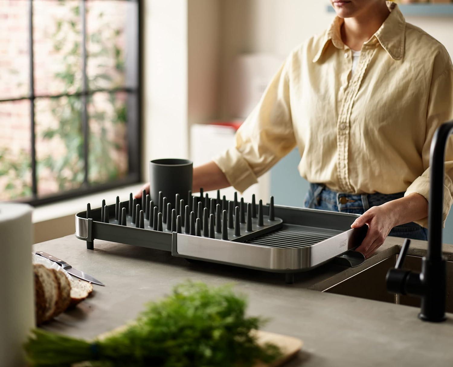 Expandable Stainless Steel and Gray Plastic Dish Rack with Utensil Cup