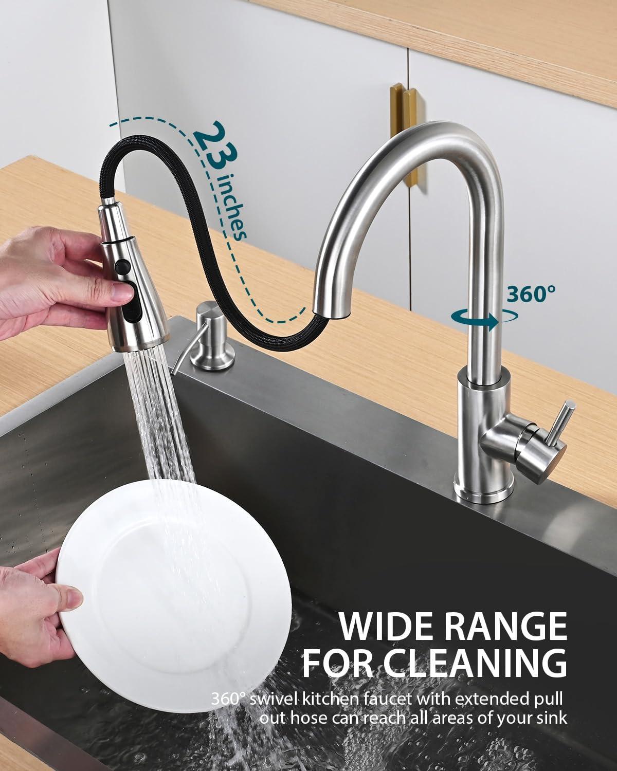 Brushed Nickel Single Handle Pull Down Kitchen Faucet with Soap Dispenser