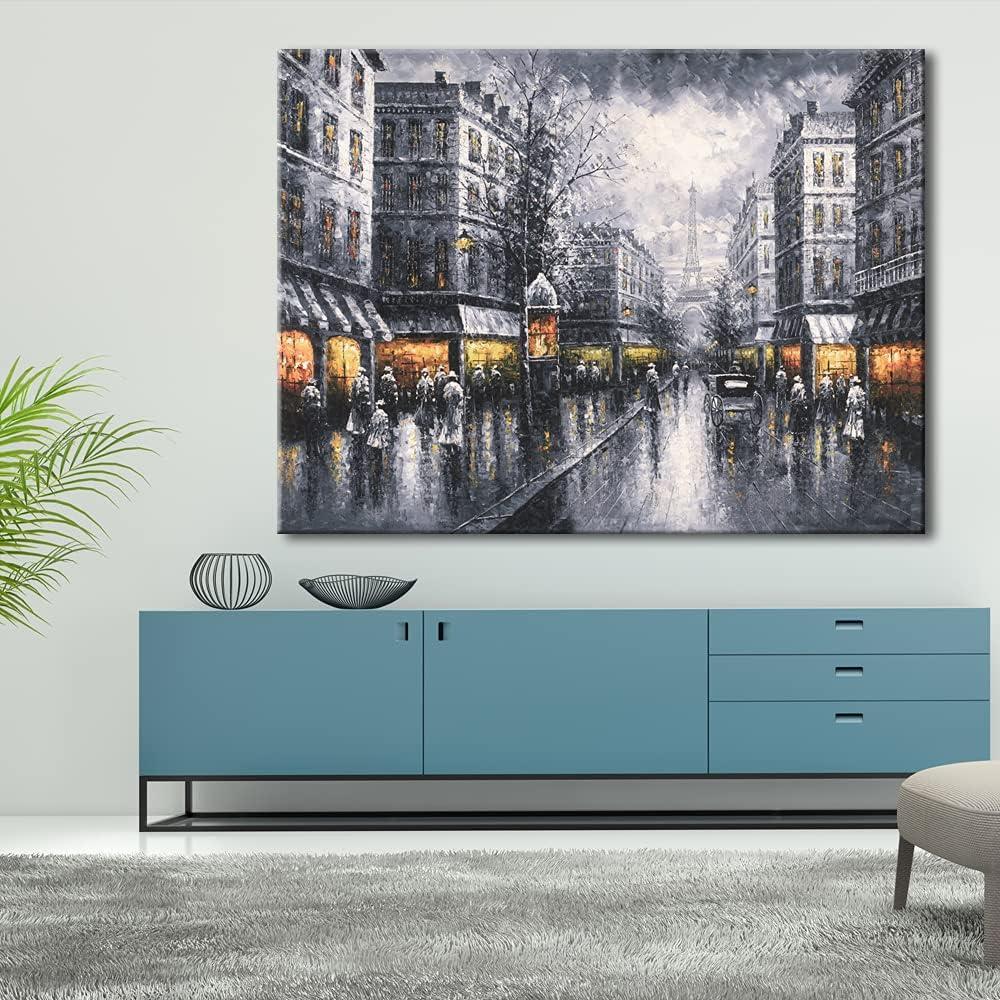 Wieco Art Paris Street View Extra Large Modern Contemporary Cityscape Canvas Print of Oil Paintings Artwork Decorative Landscape Canvas Wall Art for Home Decorations Wall Decor 48"x36"