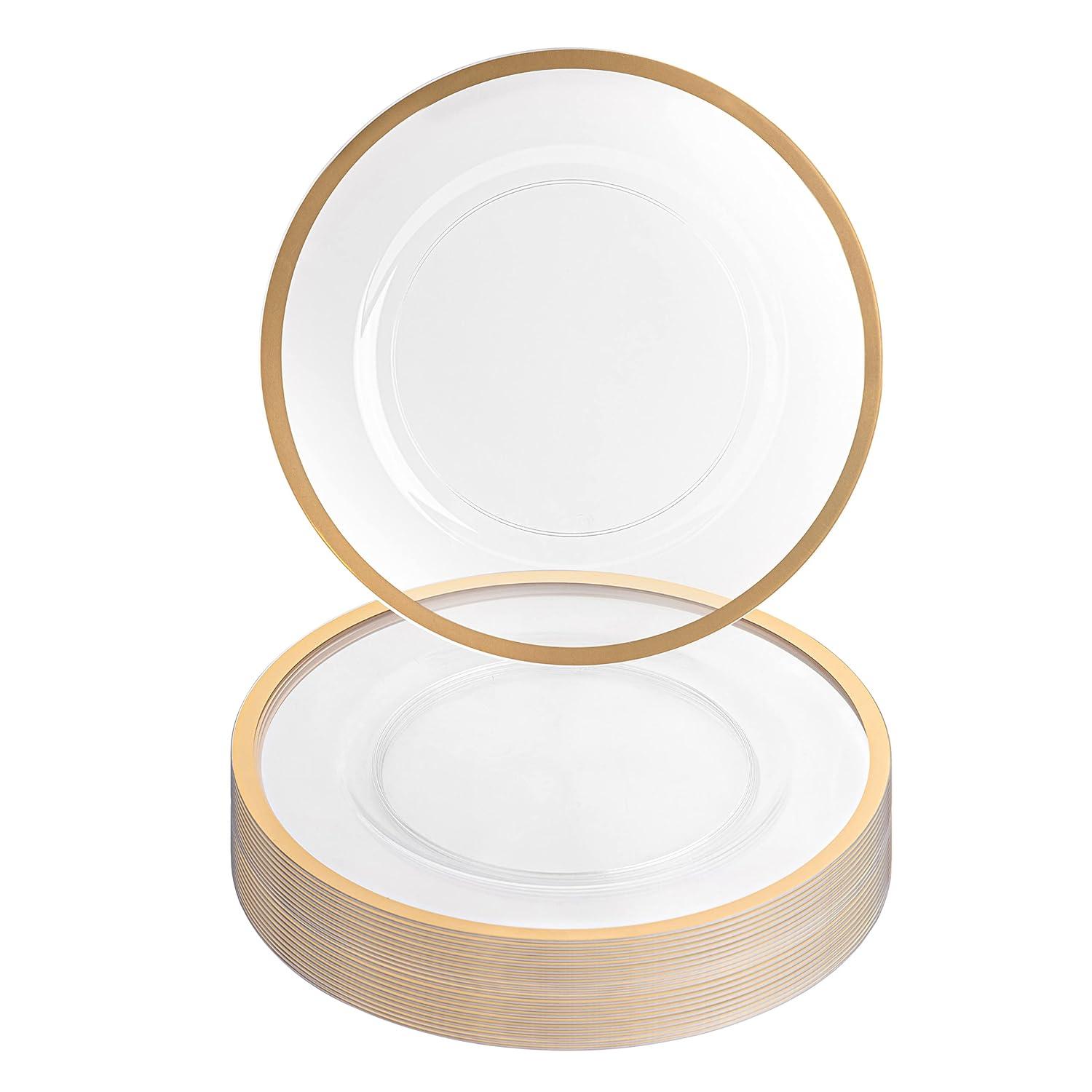 PARTY BARGAINS 13-Inch Charger Plates - 4 Pack, Clear Gold Rim, Heavy-Duty Disposable Chargers for Elegant Dining - Ideal for Weddings and Formal Events