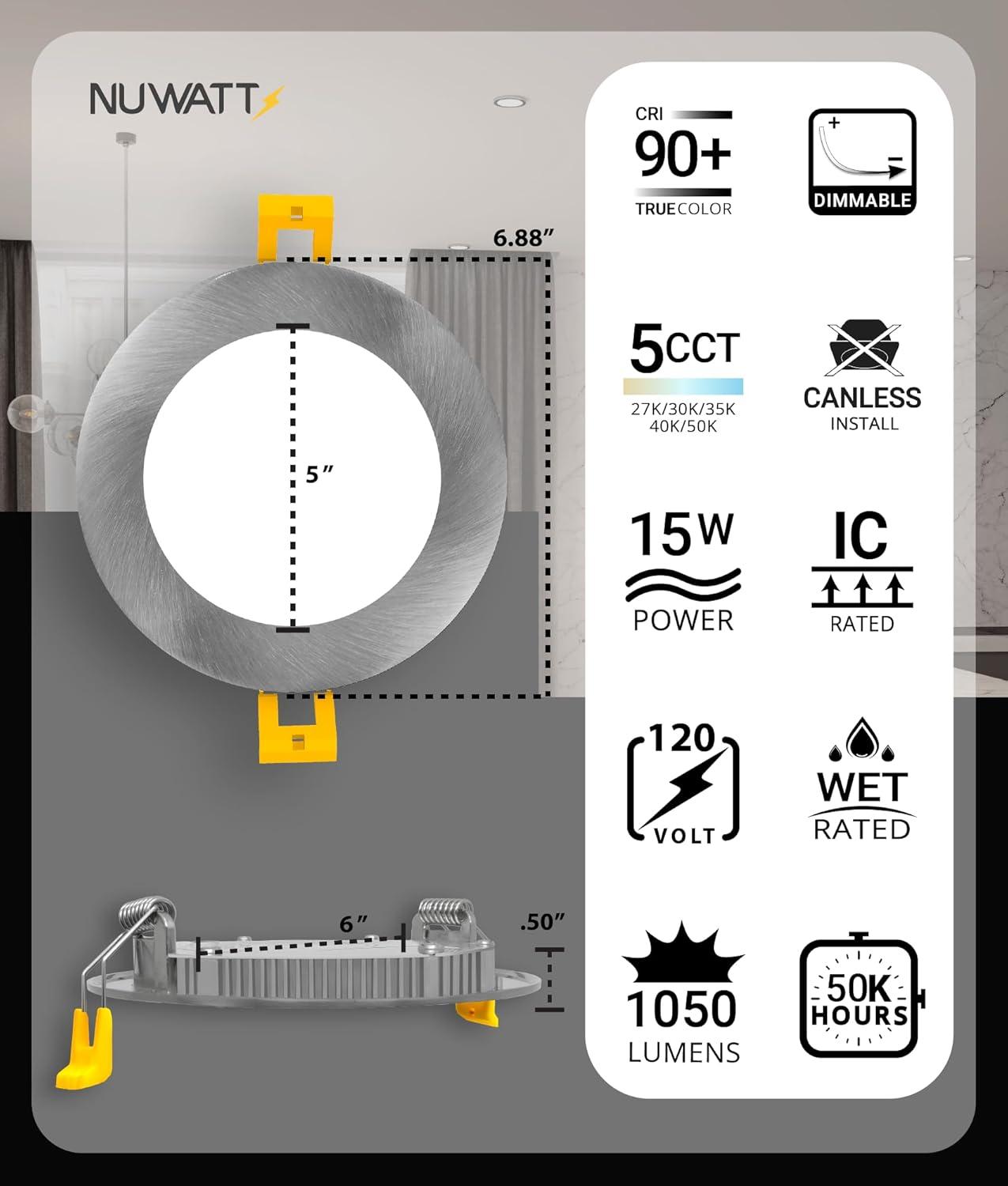 Panel Downlight 6'' Selectable Color Temperature Dimmable Air-Tight IC Rated LED Canless Recessed Lighting Kit