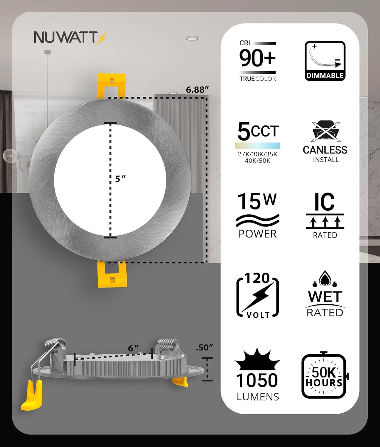 NUWATT Panel Downlight 6'' Selectable Color Temperature Dimmable Air-Tight IC Rated LED Canless Recessed Lighting Kit (Set of 12) NW-P-DL-6-15W-5CT-BN-12P