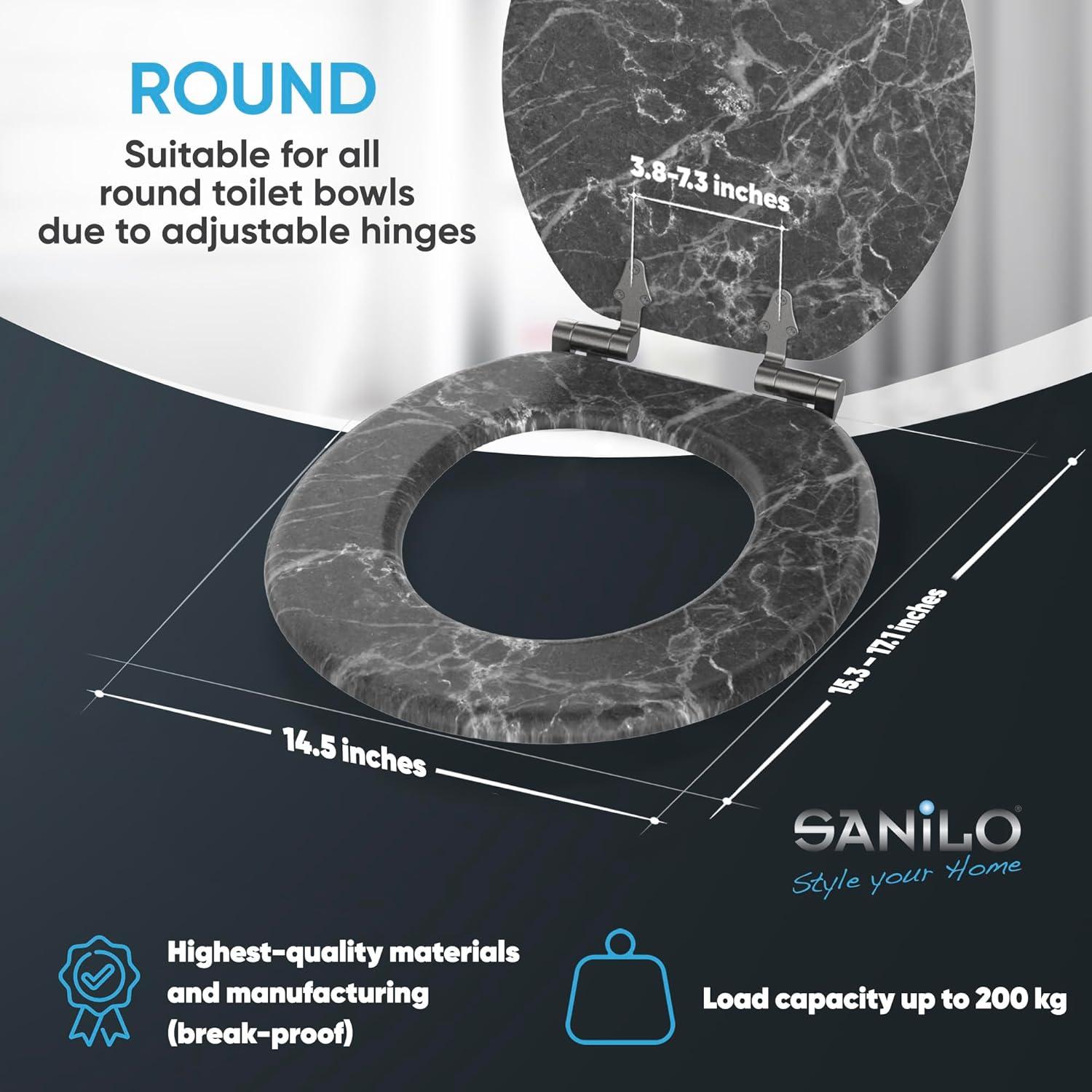 Sanilo Toilet Seat ROUND with Soft Close, Quiet and Slow Close Lid and Seat, Strong Bumpers and Hinges, Marble Gray