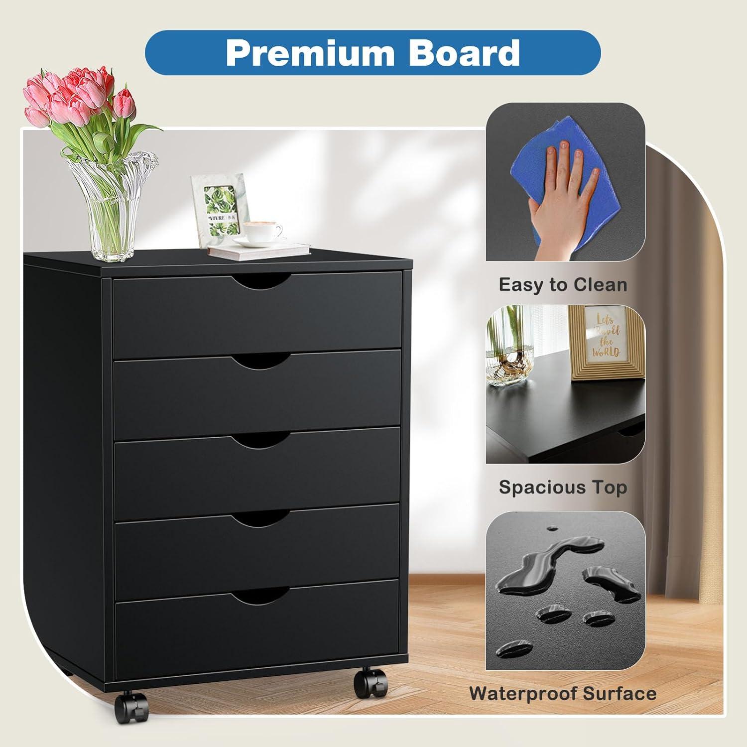 5-Drawer Wood File Cabinet with Wheels, Rolling Storage Organizer for Home Office, 18.74"W x 15.75"D x 25.39"H