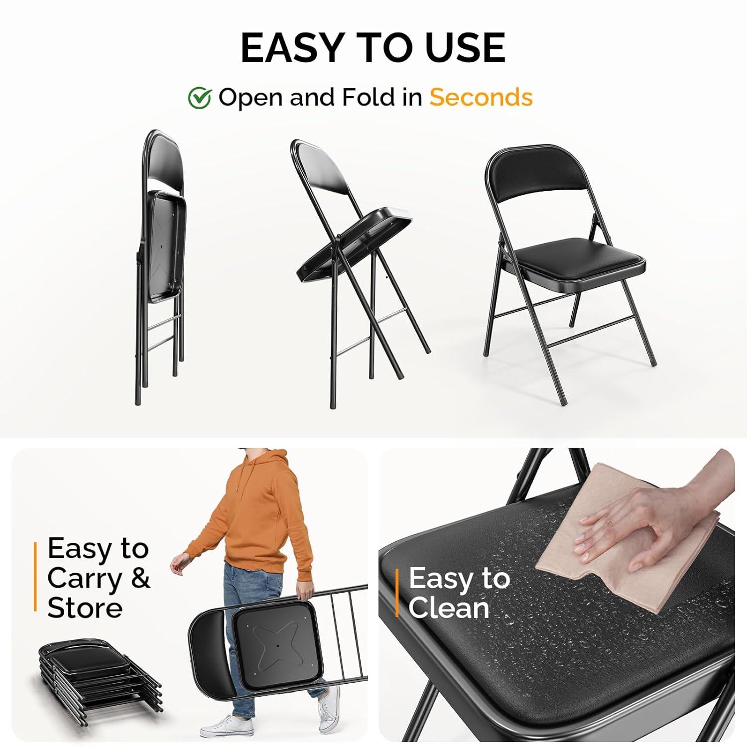 VENI 4-Pack Vinyl-Padded 30" Metal Folding Steel Chairs  Adult Foldable Chair 4 Pack, Black