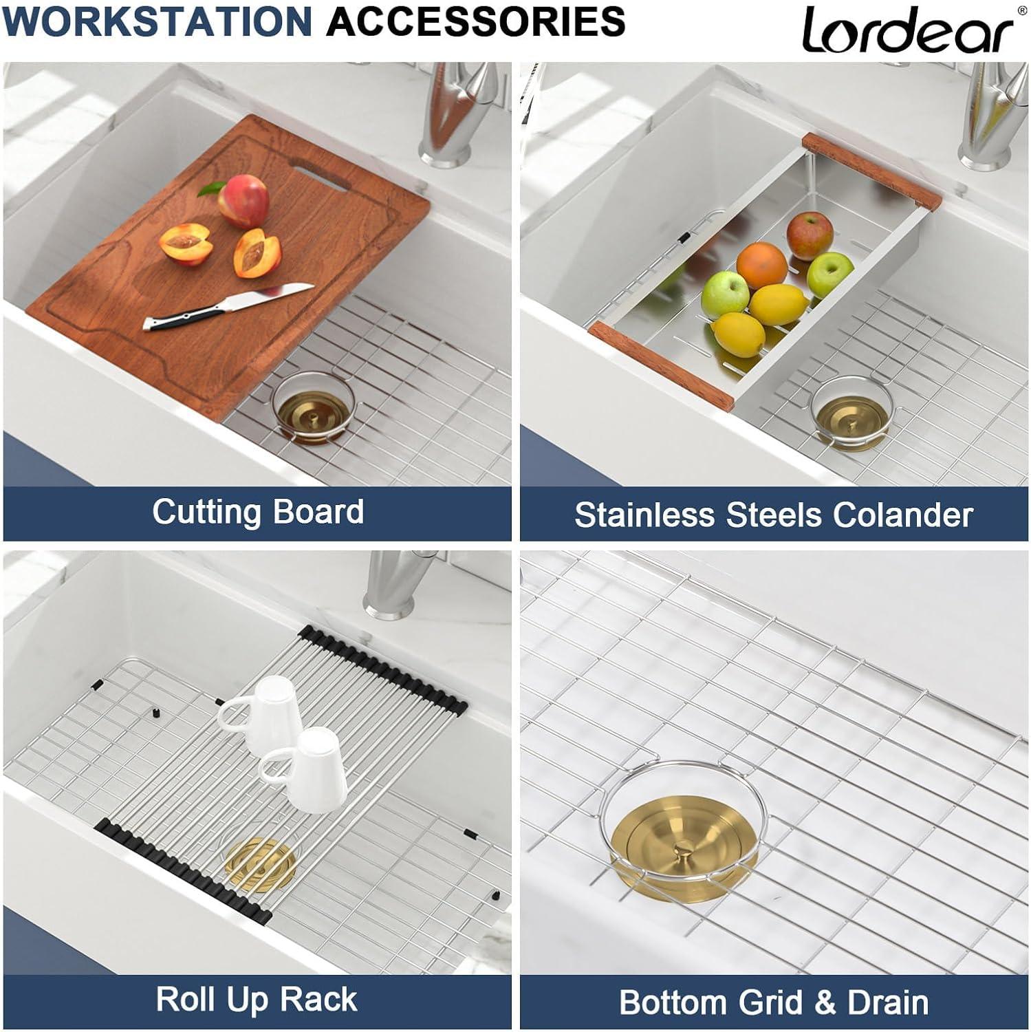 Lordear 33 Inch White Kitchen Sink Undermount Composite Granite Quartz Single Bowl Workstation 33x19x10 Inch Under Counter Kitchen Sinks
