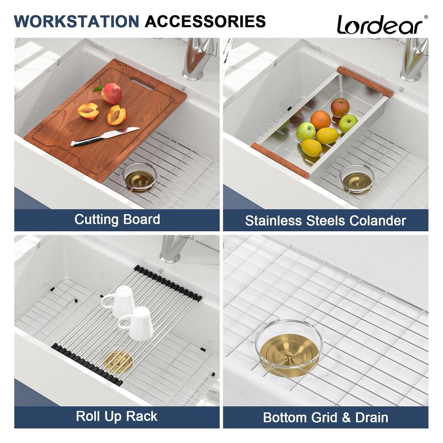 Lordear 33 Inch White Kitchen Sink Undermount Composite Granite Quartz Single Bowl Workstation 33x19x10 Inch Under Counter Kitchen Sinks