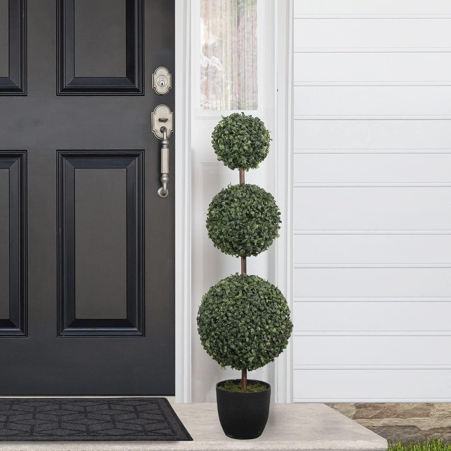 38" Artificial Two-Tone Boxwood Triple Ball Topiary Tree with Round Pot Unlit