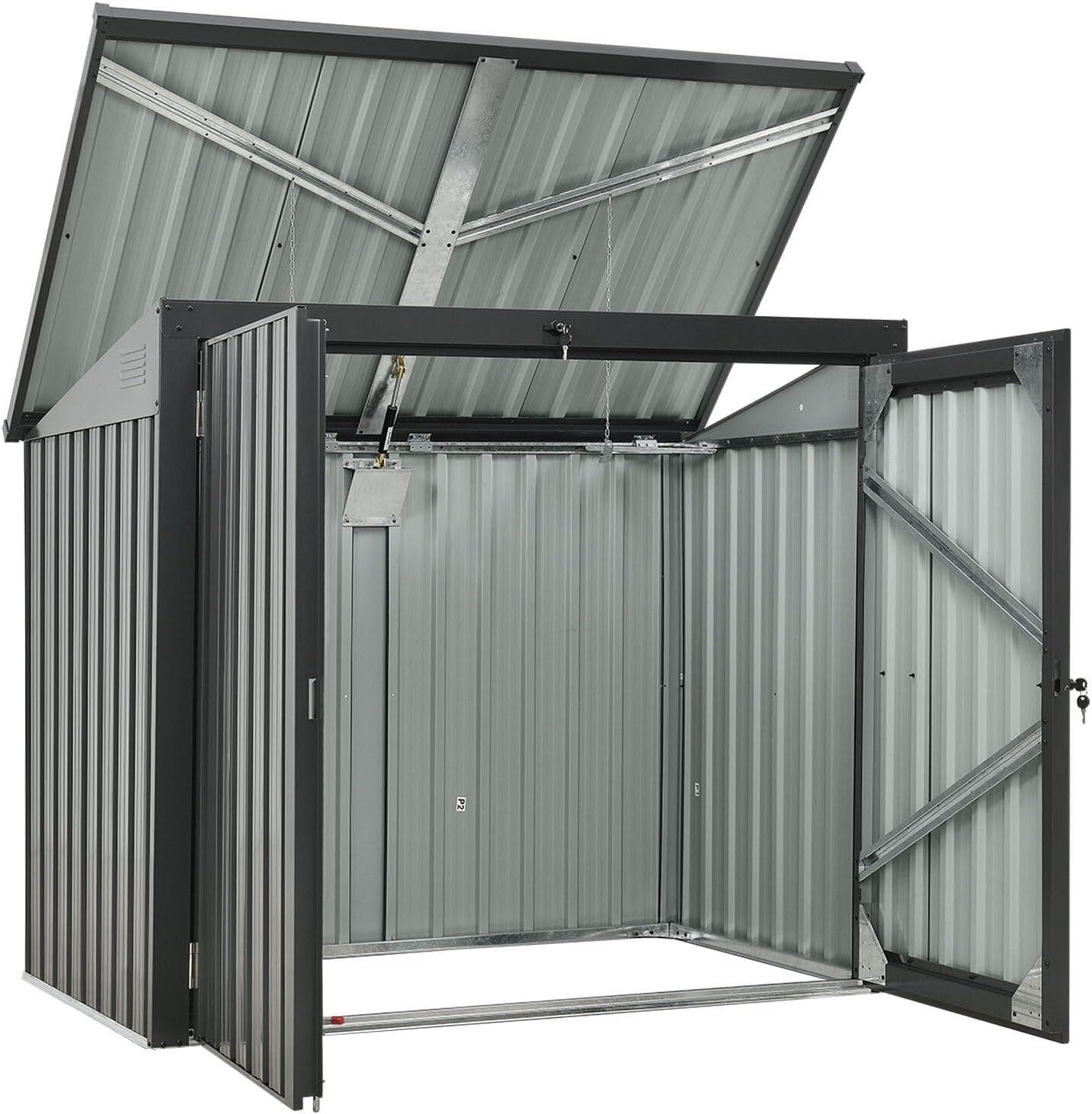 Hanover Trash and Recyclables Storage Shed | Pent Roof | Galvanized Steel | 2-Point Locking System | Stores 2 Trash Cans | 3.3-Ft. x 5.2-Ft. x 4.4-Ft. | Dark Gray | HANBINSHD-GRY