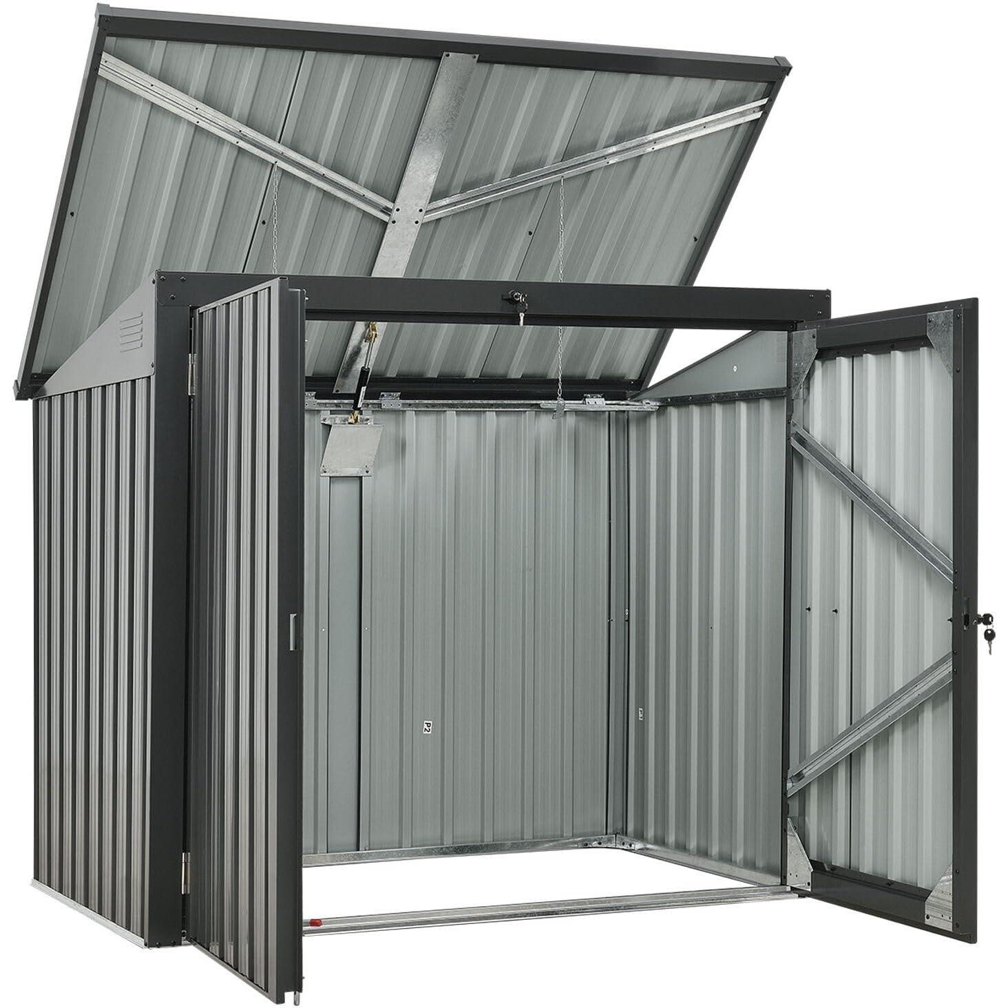 Hanover Trash and Recyclables Storage Shed | Pent Roof | Galvanized Steel | 2-Point Locking System | Stores 2 Trash Cans | 3.3-Ft. x 5.2-Ft. x 4.4-Ft. | Dark Gray | HANBINSHD-GRY