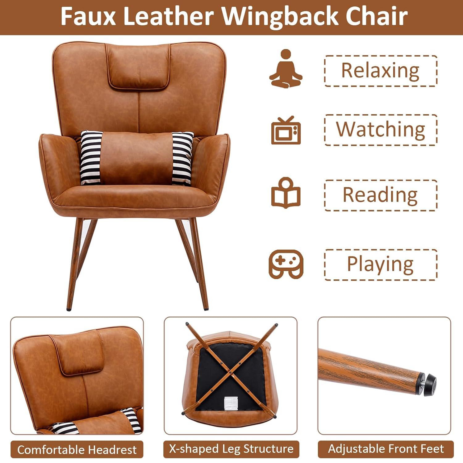 Faux Leather Wingback Chair, Arm Chair, Upholstered Living Room Chairs, Brown Accent Chair, Accent Chairs for Living Room, Bedroom, Office and Study