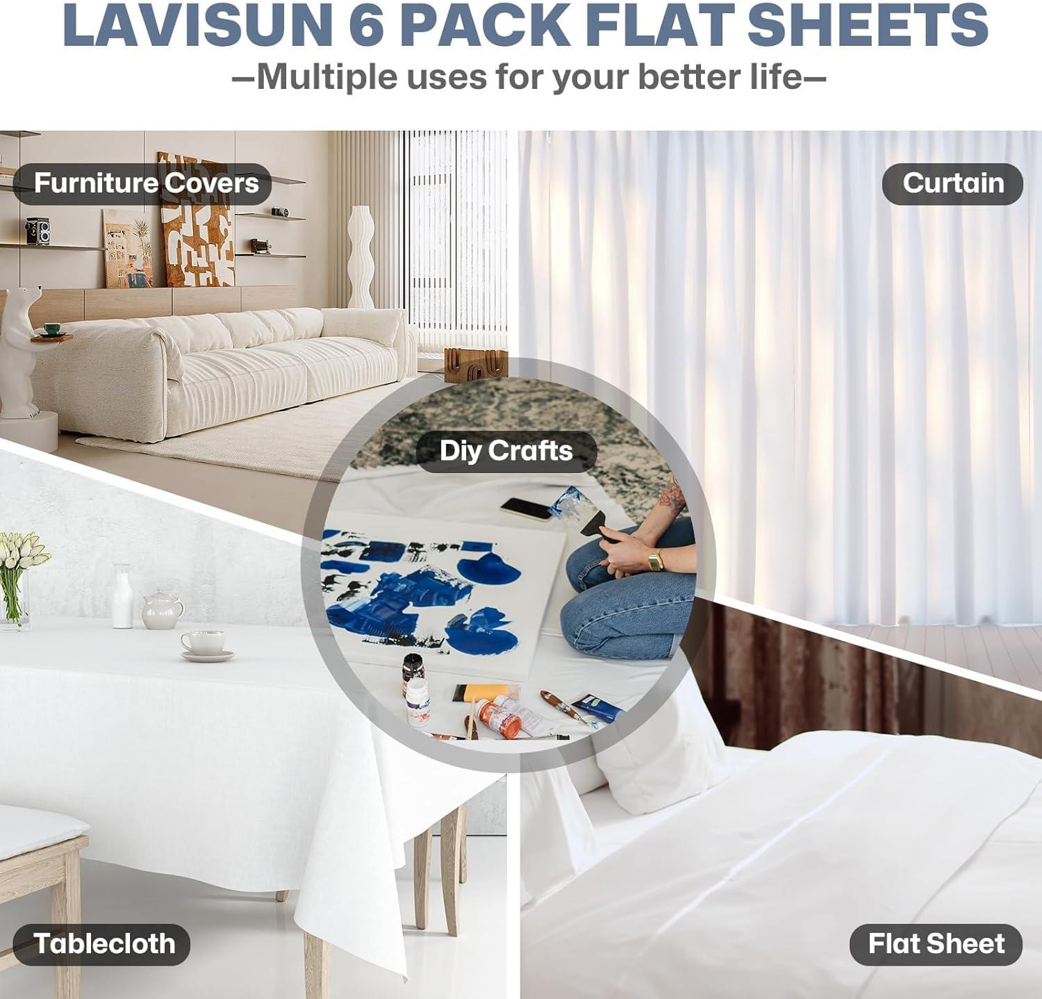 Lavisun Twin Flat Sheets Only, 6 Pack Soft Brushed Microfiber Bedding Sheets for Hotel, Massage, Hospital, Home, Dorm, Bulk Flat Sheets Only Twin Size (White)