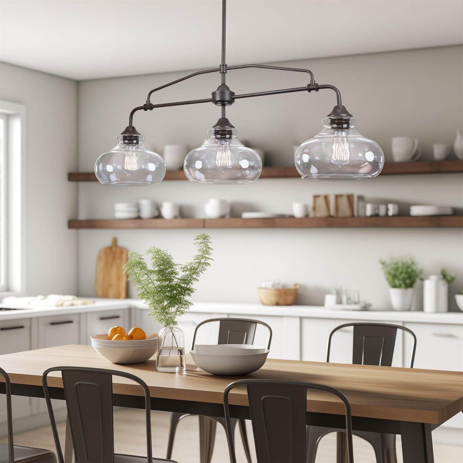 Harlow 38" Oil-Rubbed Bronze Modern Industrial Farmhouse Kitchen Island Light with Clear Glass Shades