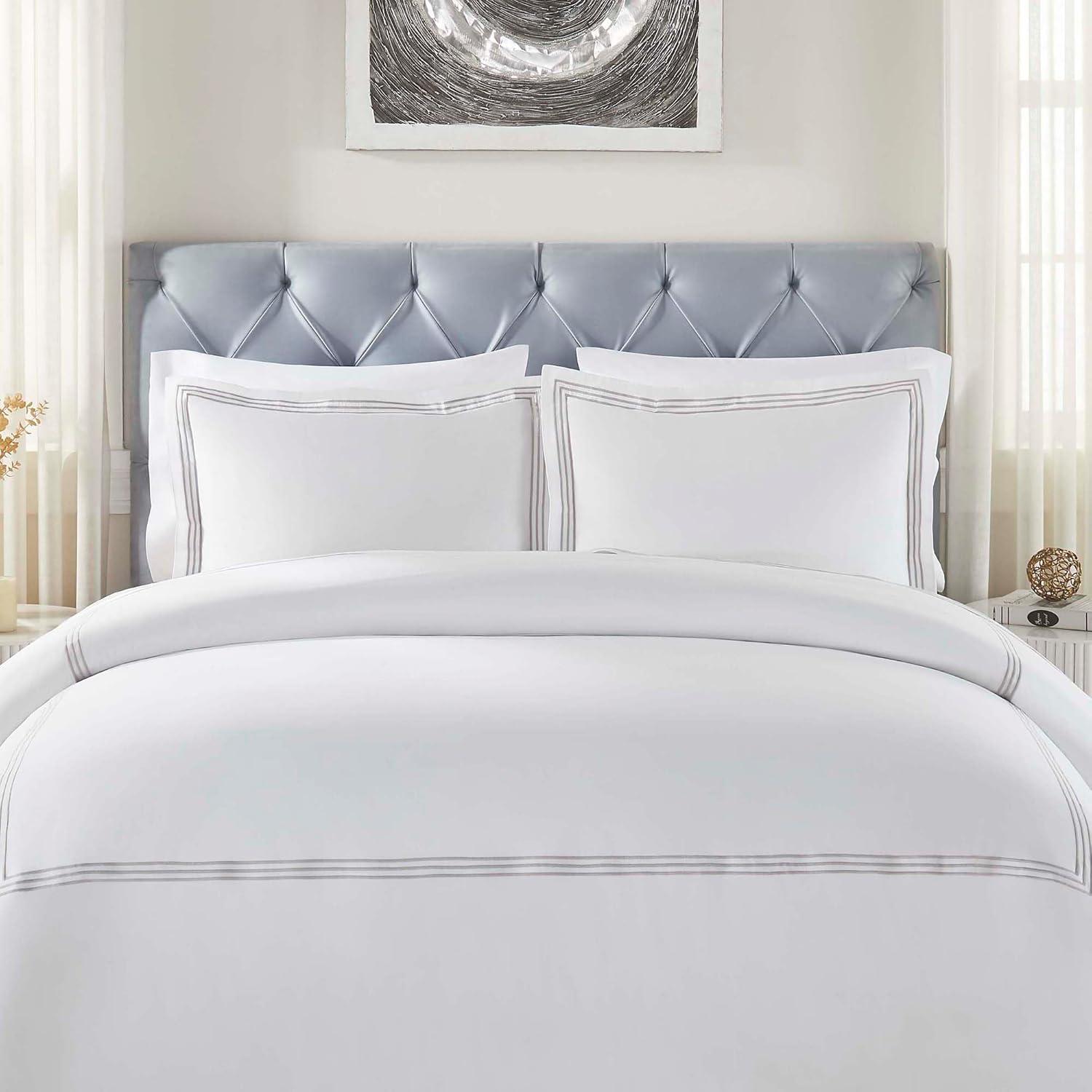 Full/Queen White and Silver Cotton Embroidered Duvet Cover Set