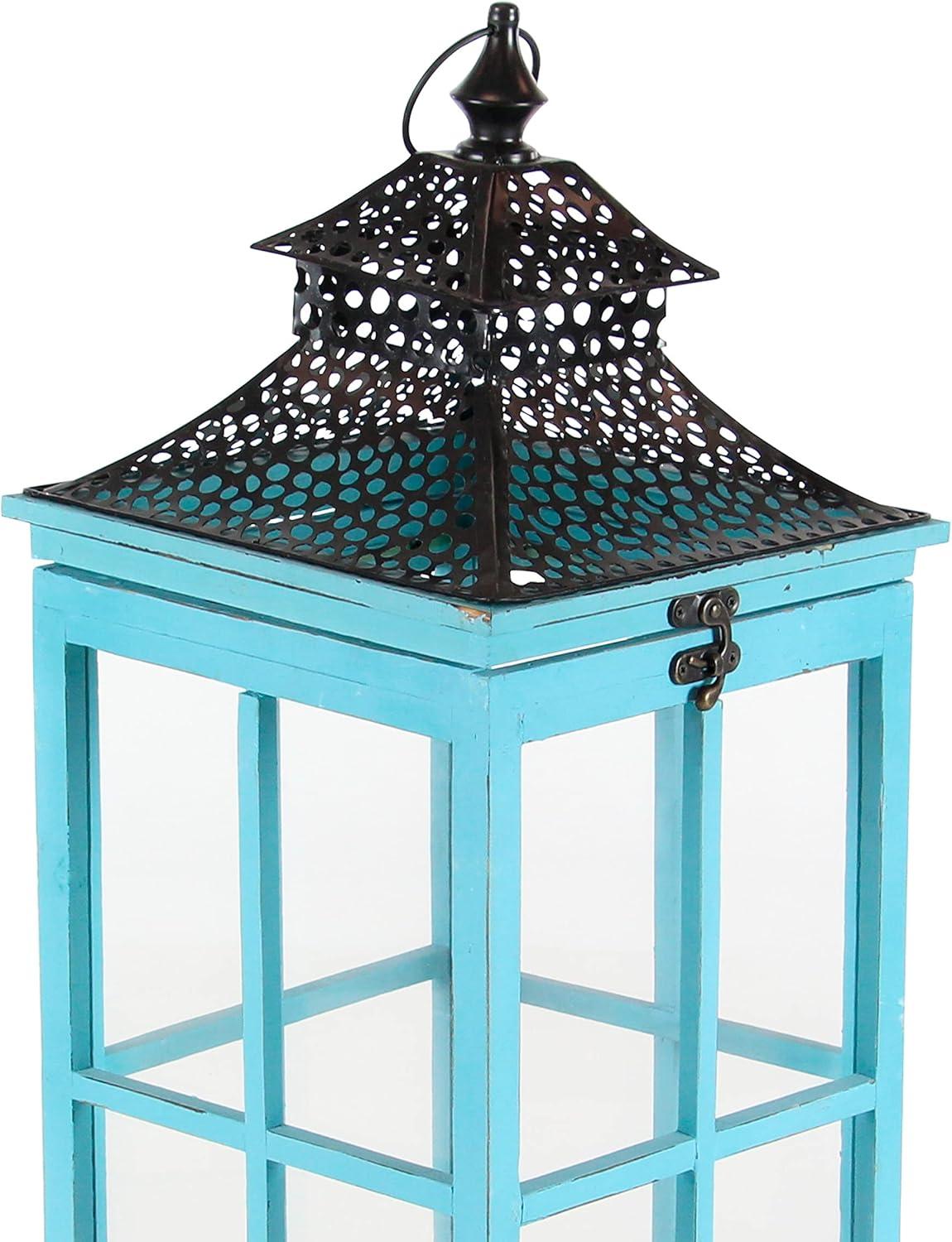 Coastal Blue Wood & Glass Hanging Candle Lantern Set