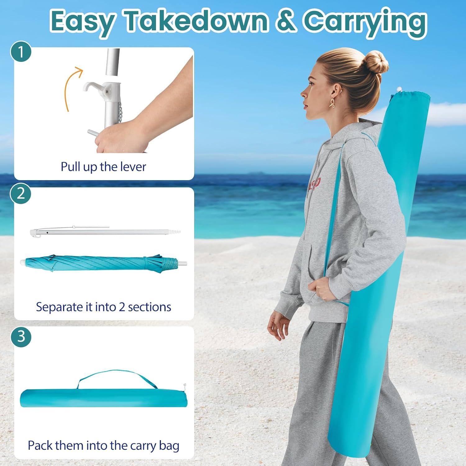 Yardi Yard 6.5 Feet Beach Umbrella with Sun Shade and Carry Bag without Weight Base-Blue, Travel Beach Umbrella, Beach Umbrellas for Sand Heavy Duty Wind Portable Beach Umbrella