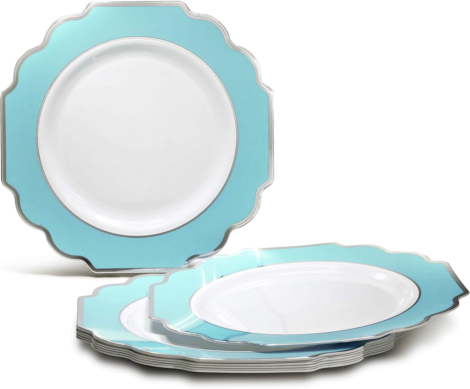 " OCCASIONS " 240 Plates Pack (120 Guests) Heavyweight Wedding Party Disposable Plastic Plates-120x10.5'' Dinner + 120x8'' Appetizer Plate (Imperial Aqua & Silver)