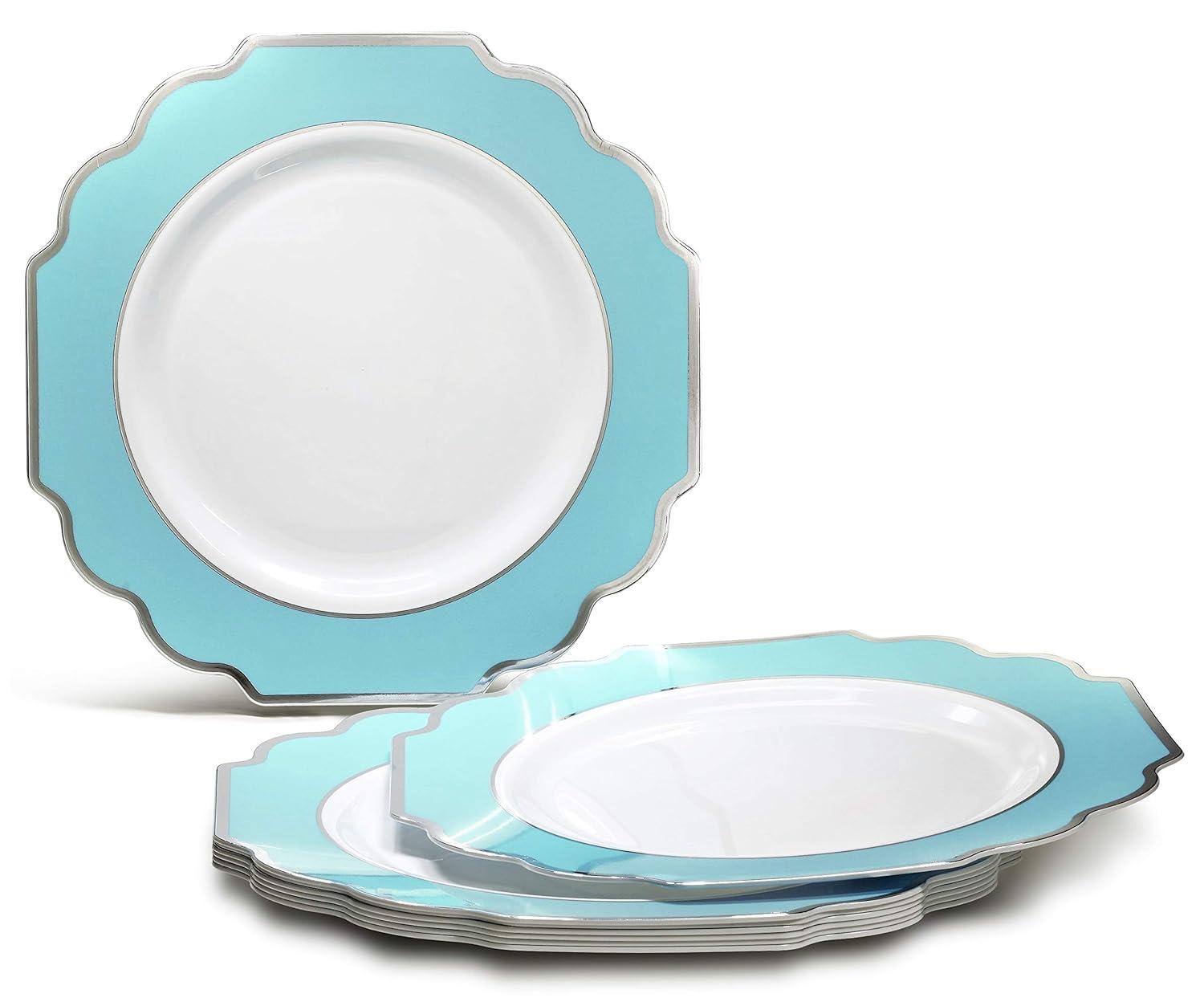 " OCCASIONS " 240 Plates Pack (120 Guests) Heavyweight Wedding Party Disposable Plastic Plates-120x10.5'' Dinner + 120x8'' Appetizer Plate (Imperial Aqua & Silver)