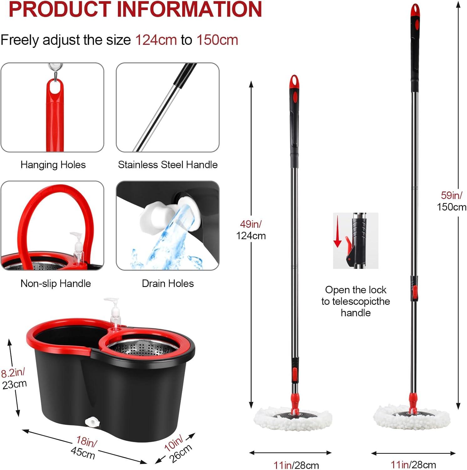 Spin Mop and Bucket Set, 360° Spin Mop and Bucket with Wringer Set and 3 Microfiber Mop Replacement Heads Refills, 61" Stainless Steel Extended Handle Spinning Mop Bucket System for Floor Cleaning