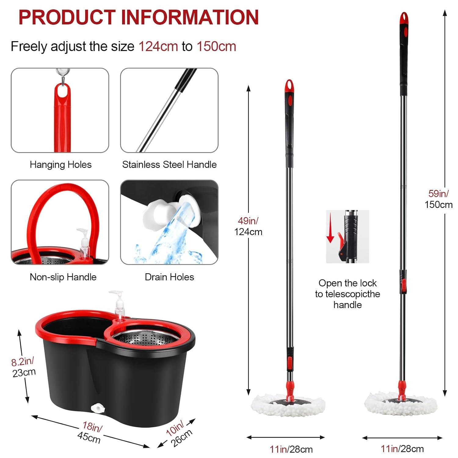 Spin Mop and Bucket Set, 360° Spin Mop and Bucket with Wringer Set and 3 Microfiber Mop Replacement Heads Refills, 61" Stainless Steel Extended Handle Spinning Mop Bucket System for Floor Cleaning