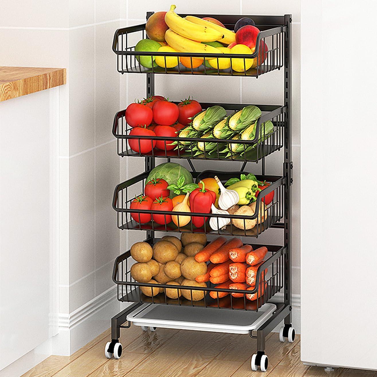 Sensch 4 Tier Fruit Basket Kitchen Organizers and Storage-Wooden Top Table, Rolling Utility Storage Cart, Black