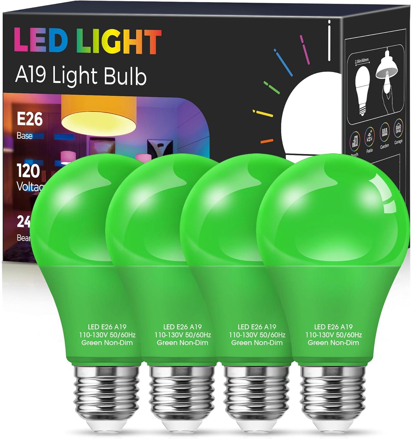 EDISHINE Green LED Light Bulbs for Holiday Party Decoration, A19 9W LED Bulbs 60W Equivalent E26 Base 4 Pack, ETL Listed