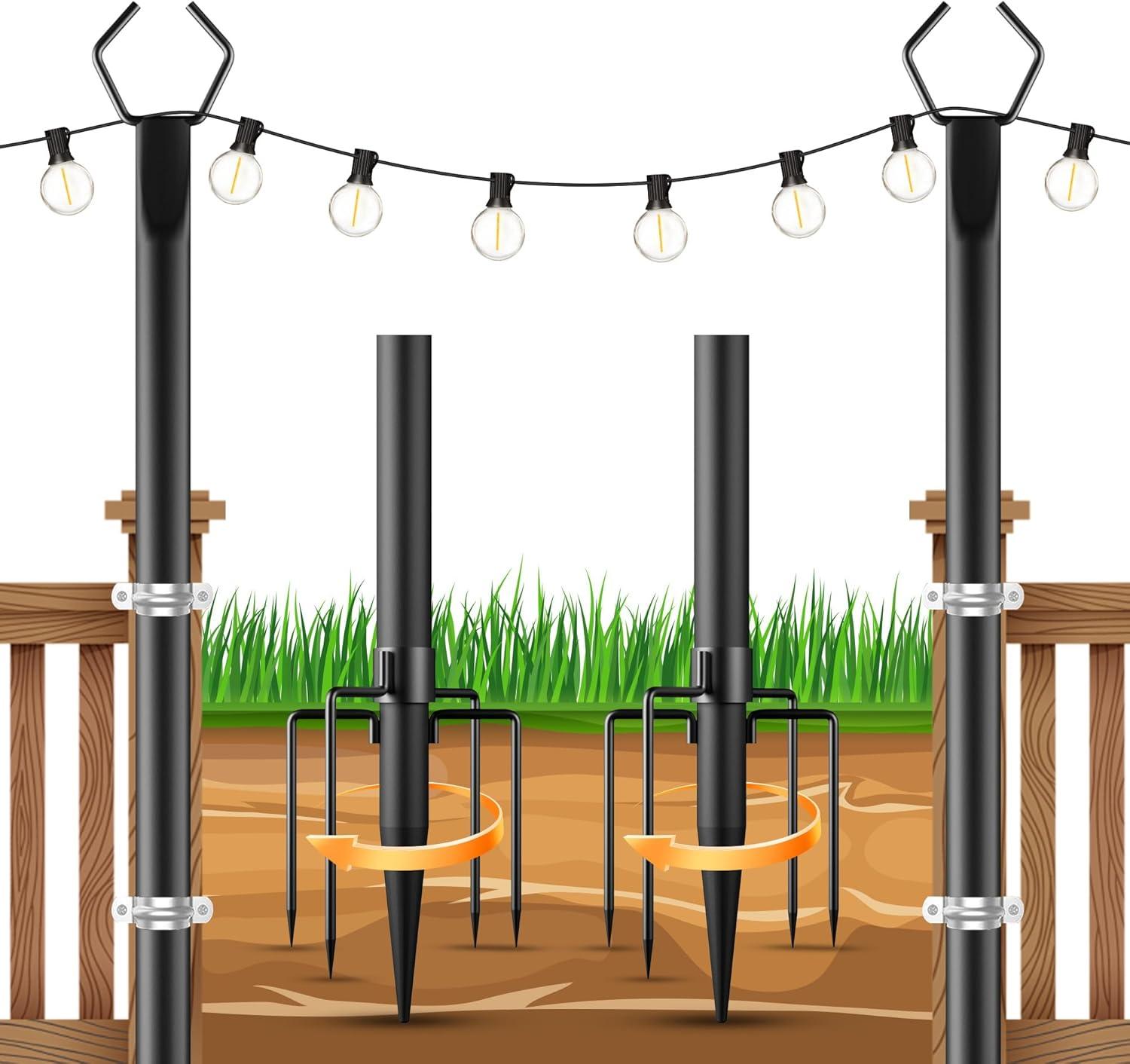 2 Pack String Light Poles,10 Ft Light Poles for Outside String Lights,Outdoor Lights Pole with Fork,Metal Poles Stand for Patio Deck Backyard